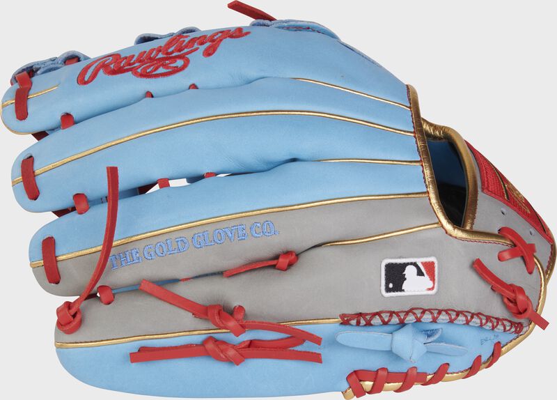 Columbia blue/gray back of a HOH R2G 12.75" outfield glove with the MLB logo on the pinky - SKU: PROR3039-6CBG