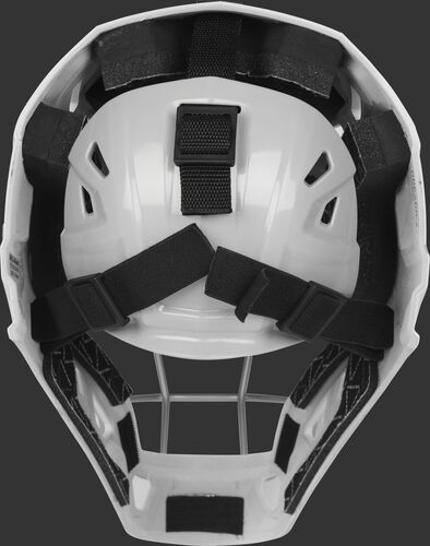 Adjustable back plate of a white/silver CHV27J Velo 2.0 hockey style catcher's mask