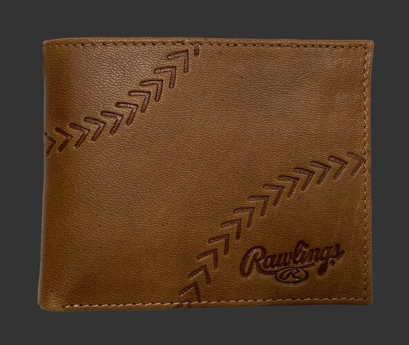 A tan debossed stitch bi-fold wallet with a Rawlings logo in the bottom right corner - SKU: RPW007-204
