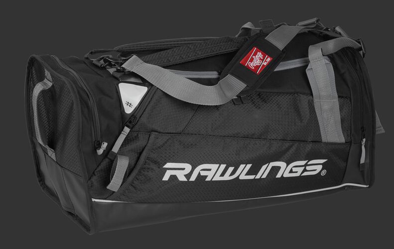 Side angle view of a scarlet R601 Hybrid players bag with a Rawlings logo on the side