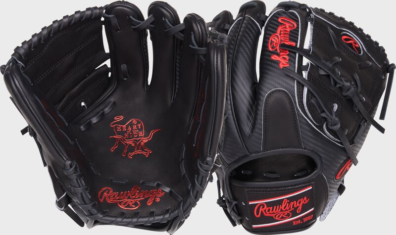 Two images showing the back & palm of a Rawlings Heart of the Hide Hyper Shell infield/pitcher's glove