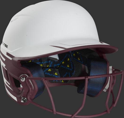 Front right of a Rawlings Mach fastpitch batting helmet with a maroon mask - SKU: MSB13S-W/MA