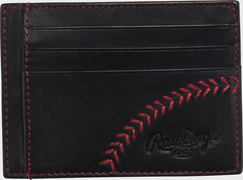 Front side of a black Rawlings Double Play front pocket wallet