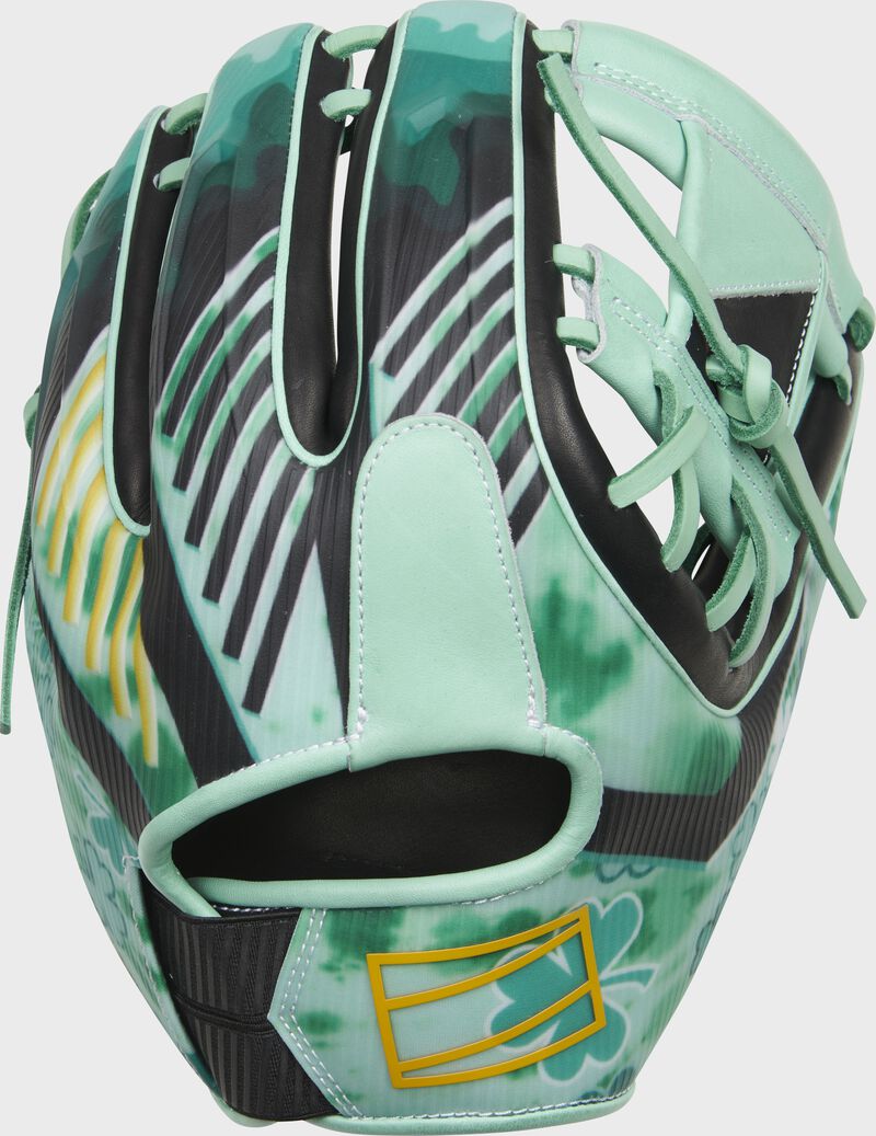 Sumblimated back of a REV1X Pro Lucky infield glove with a gold patch outline on the wrist - SKU: REV204-2XL