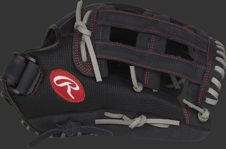 Thumb view of a black R130BGSH Renegade 13-inch softball glove with a black H web