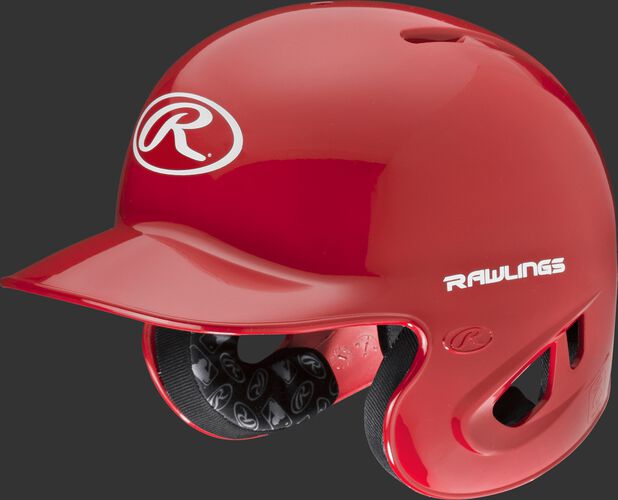 A scarlet S90PA RPR high schoole/college batting helmet with a white Oval R logo on the front
