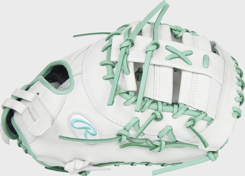 Thumb of a white/mint Liberty Advanced Color Series 13-inch first base mitt with a white web - SKU: RLADCTSBWM