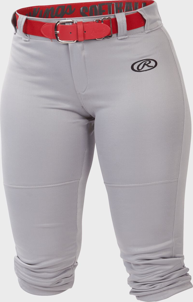 WLNCH Blue Gray Women's launch softball pants with a scarlet belt