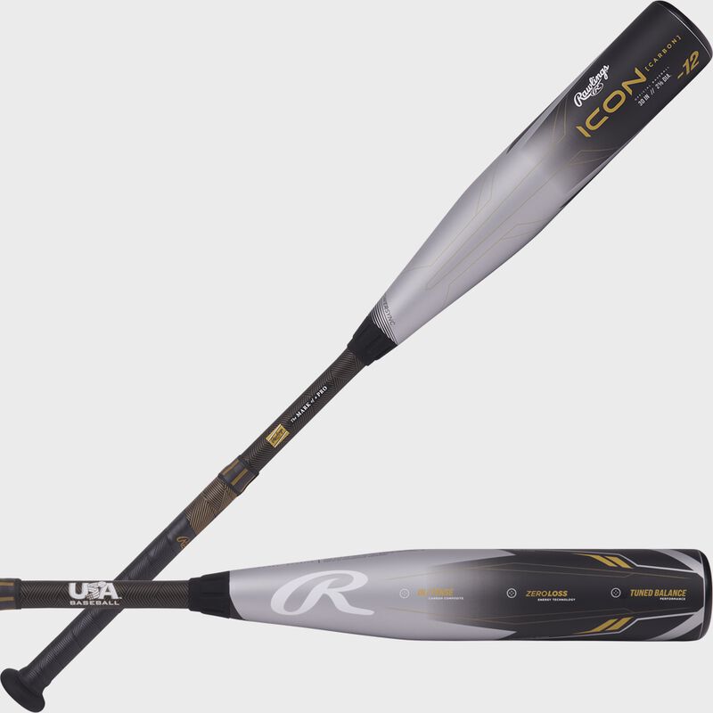 2 views showing both sides of the barrel of a Rawlings Icon USA baseball bat - SKU: RUS3I12