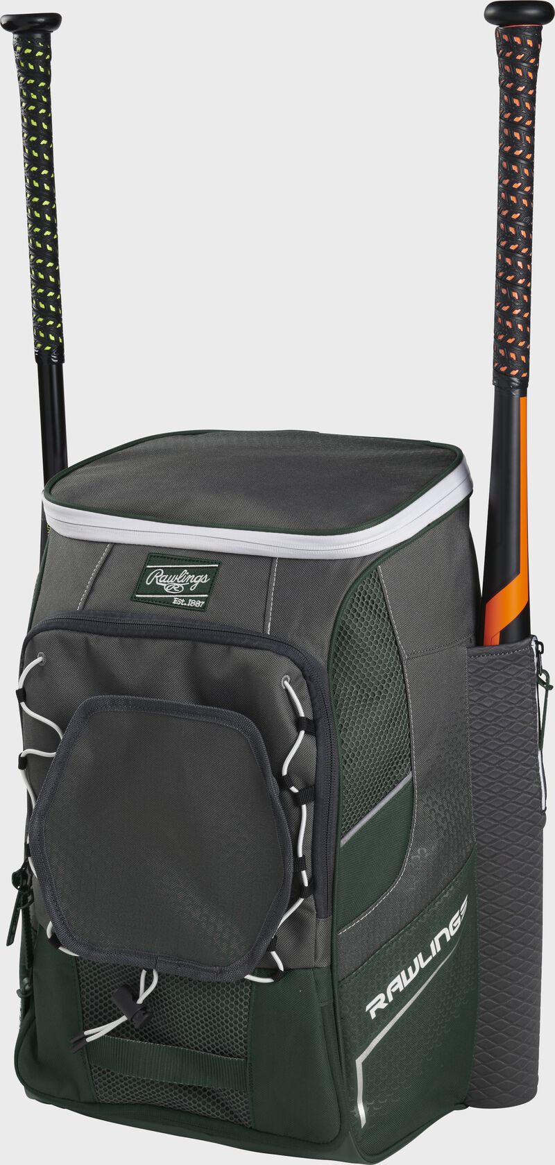 Front right angle view of a dark green Impulse backpack with two bats in the side sleeves - SKU: IMPLSE-DG loading=