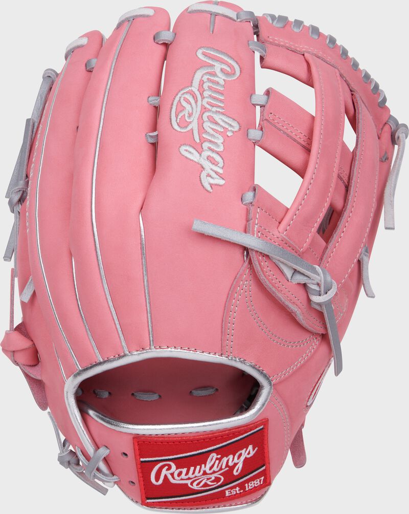 Back of a pink Fernando Tatis Jr. HOH H-web glove with a red Rawlings patch - SKU: PRO3039-6FTJ