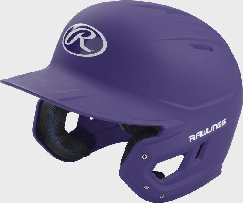 Left angle view of a Rawlings MACH helmet with a one-tone matte purple shell