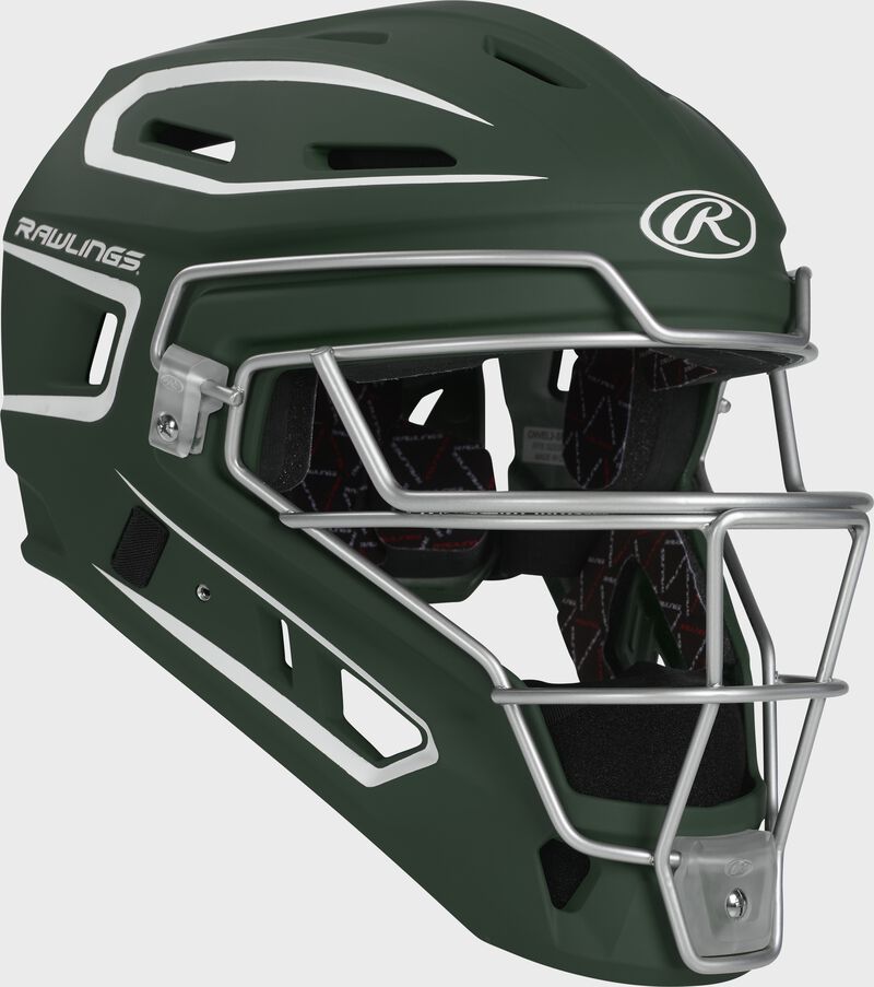 Front right of a dark green Velo 2.0 catcher's helmet