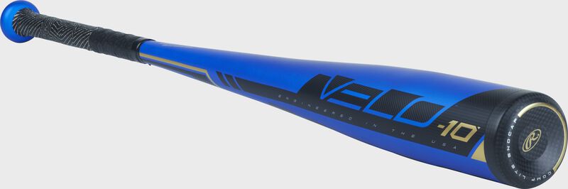 3/4 angle view of a US9V10 Rawlings Velo -10 bat with a blue barrel, black accents and black end cap