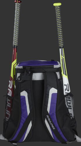 Back of a black/purple R500 team backpack with two bats in the side sleeves