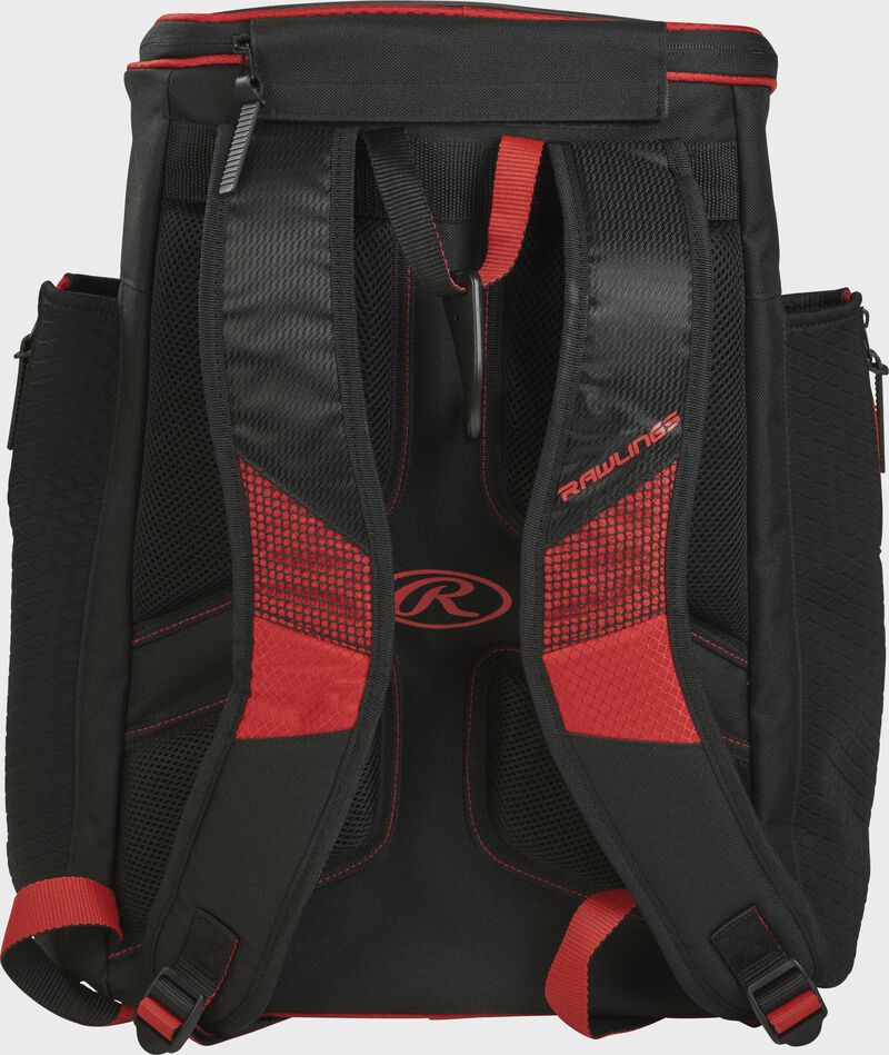 Back of a scarlet/black R600 Rawlings Players backpack with black shoulder straps