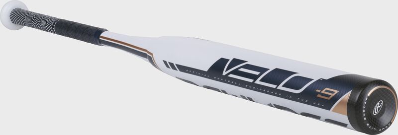 FP9V9 fastpitch Velo -9 bat with a white barrel and black end cap