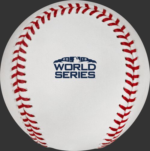 The 2018 MLB World Series logo stamped on the WSBB18 baseball