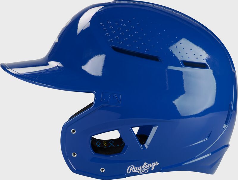Left side of a royal Rawlings RX2 gloss baseball batting helmet loading=