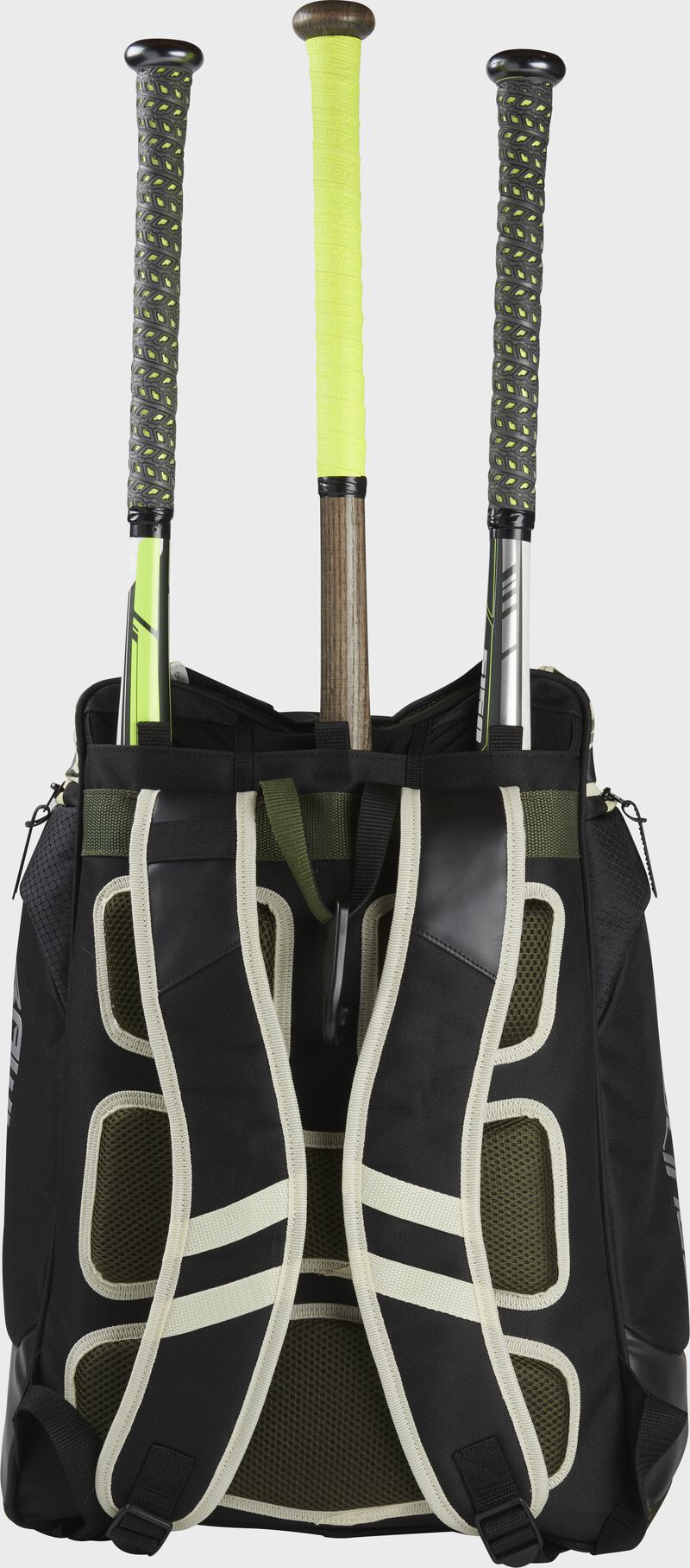 Back of a camo Rawlings Legion baseball bag with 3 bats in the bat storage sleeve - SKU: LEGION-CAMO