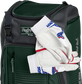 Two batting gloves hanging on the front Velcro strap of a Franchise baseball backpack - SKU: FRANBP-DG image number null