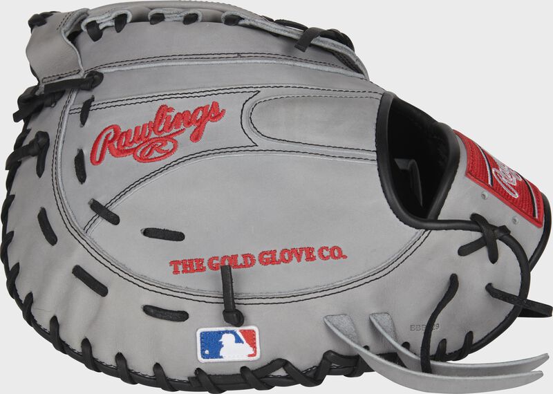 Gray back of a Rawlings Heart of the Hide 1st base mitt with red embroidery and the MLB logo on the pinky - SKU: PROFM18PRO