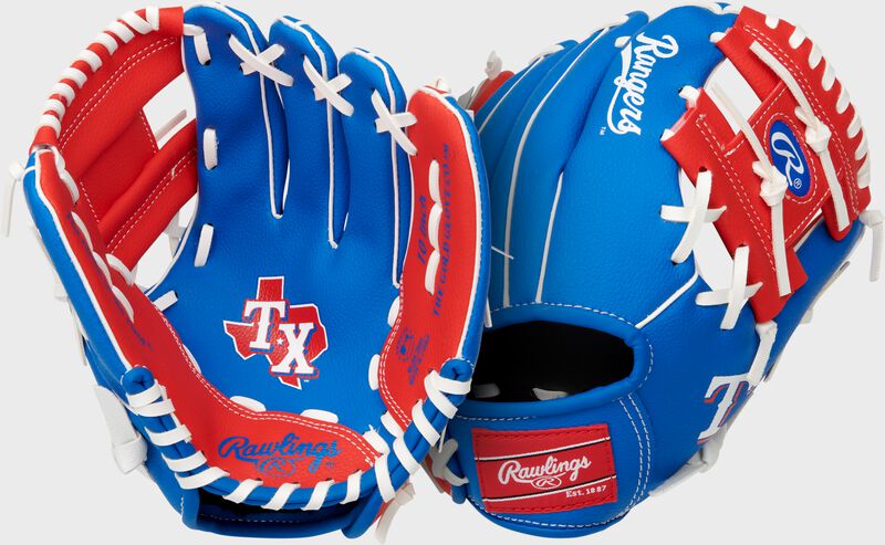 Two images showing the palm & back of a royal/scarlet Texas Rangers team logo youth glove
