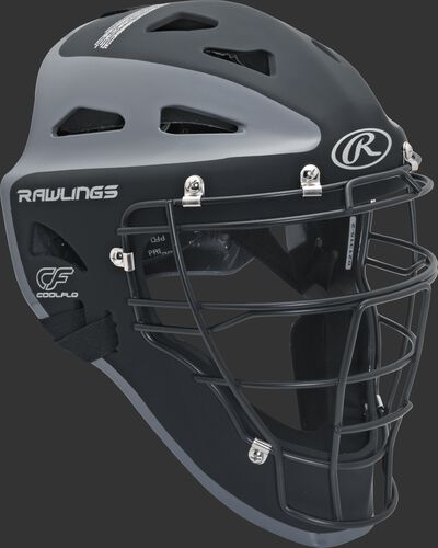Front right of a royal/white CHVELY Rawlings Velo catcher's helmet