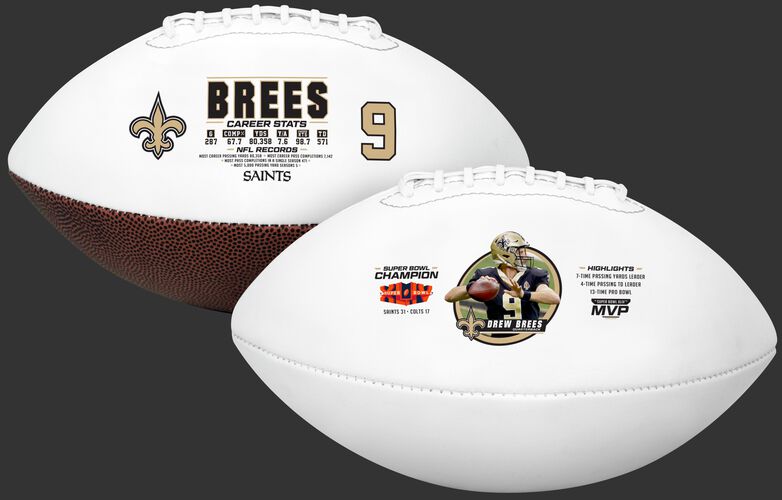 Two views of a Drew Brees retirement full size football showing his career stats and accomplishments - SKU: 35341178111