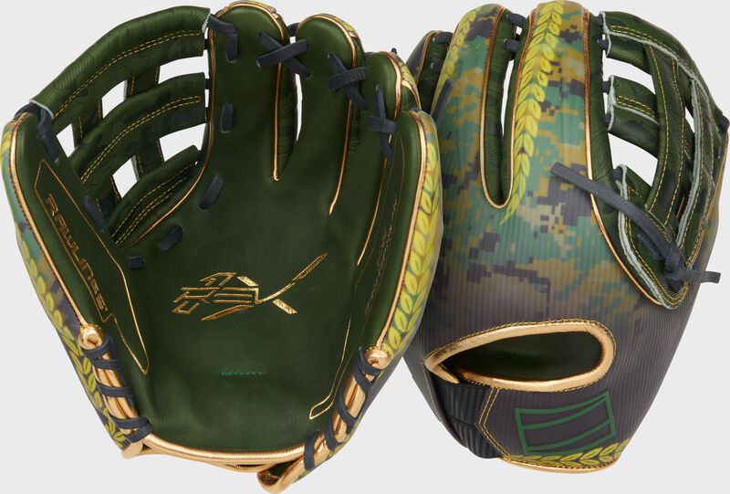 Two images showing the palm & back of a Rawlings REV1X 11.75" Veteran's Day infield glove loading=