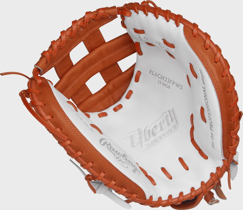 RLACM33FPWO Rawlings 33-inch softball catcher's mitt with a white palm, orange trim and orange laces