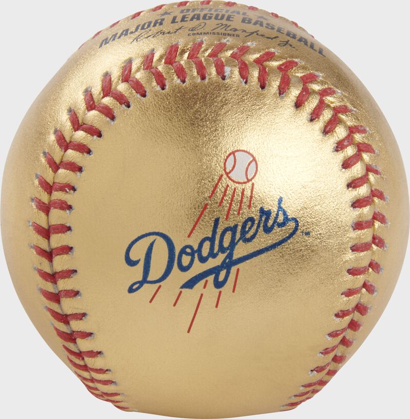 Dodgers logo on a gold MLB baseball with red stitches - SKU: RSGEA-GOLDLAD-R