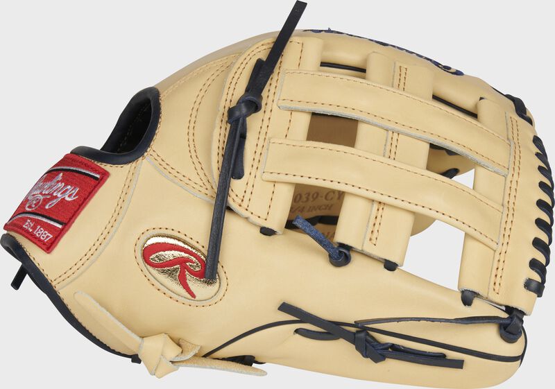Web back view of camel Gameday 57 Series Christian Yelich Heart of the Hide glove loading=
