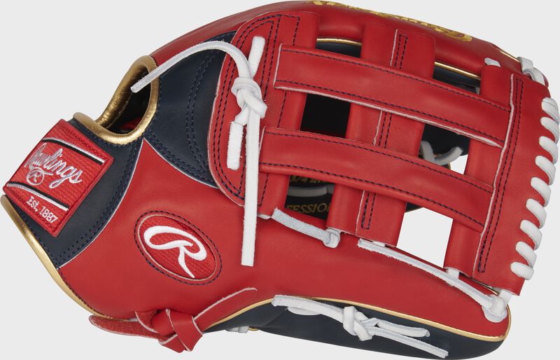 Scarlet thumb of a 2022 Ronald Acuña Jr. Pro Preferred Outfield Glove with a scarlet H-web - SKU: PROSRA13