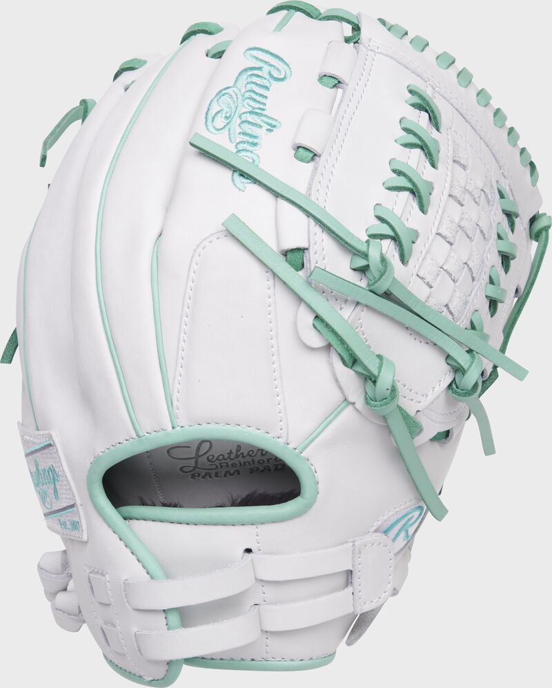 Back of a white/mint Liberty Advanced 12.5-Inch basket web glove with a pull strap back - SKU: RLA125-18WM