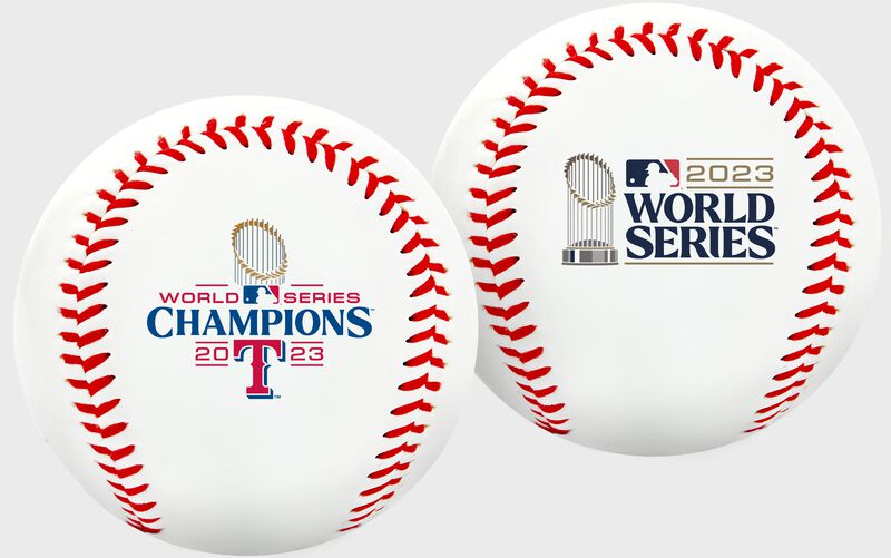 2 images showing both stamps on a 2023 Texas Rangers World Series Champions replica baseball