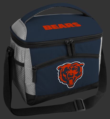 A navy Chicago Bears 12 can soft sided cooler with a team logo on the front - SKU: 10111062111