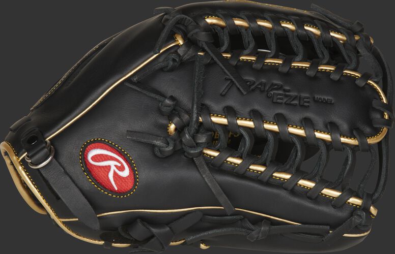 Thumb of a black R9 series 12.75-Inch outfield glove with a Trap-Eze web - SKU: R96019BGFS