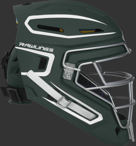 Right side of a dark green CHMCHS Mach senior size catcher's helmet