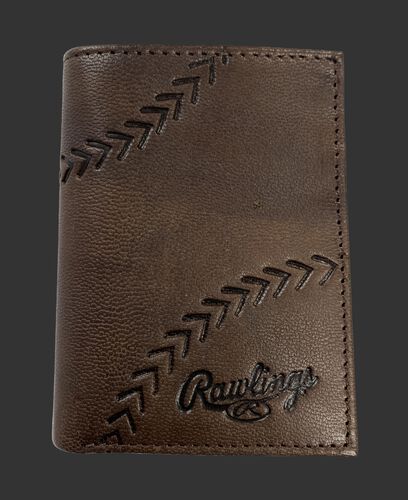 A brown Debossed stitch tri-fold wallet with baseball stitches and the Rawlings logo in the bottom right - SKU: RPW008-200