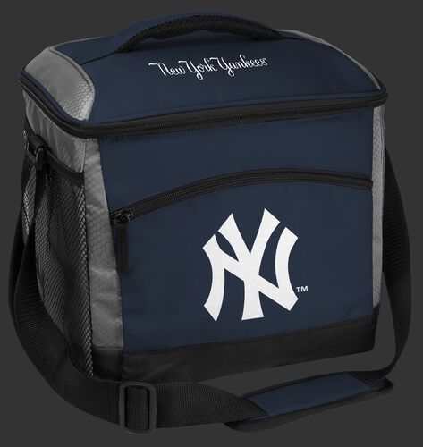 A navy New York Yankees 24 can soft sided cooler with screen printed team logos - SKU: 10200030111