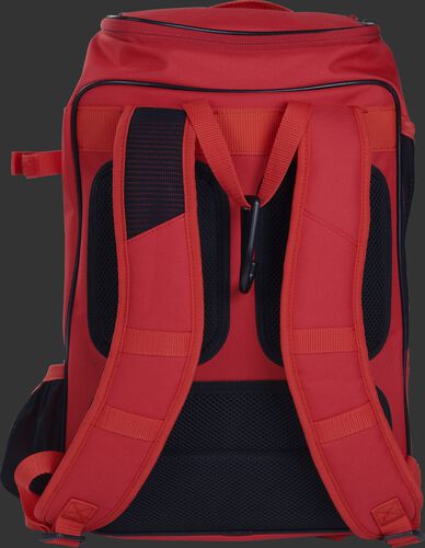 Back shoulder straps of a scarlet R701 baseball gear backpack with black back padding