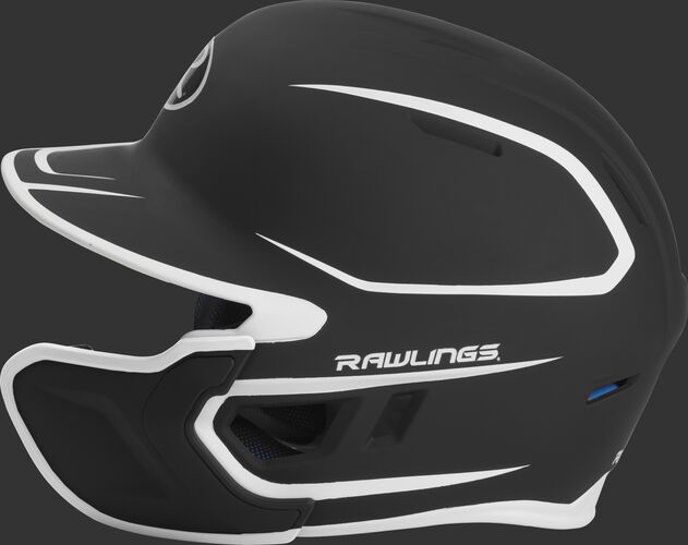 Left side of a two-tone MACHEXTR Rawlings MACH helmet with EXT extension piece for right hand batters