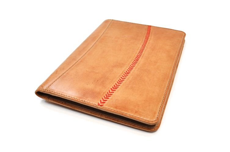 Front of Rawlings Tan Baseball Stitch Tablet Case With Red Baseball Stitch SKU #MW495-204