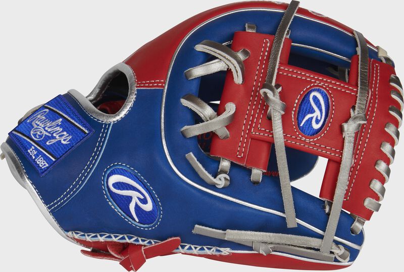 Web back view of royal, scarlet, and platinum 2021 Exclusive Heart of the Hide R2G infield glove