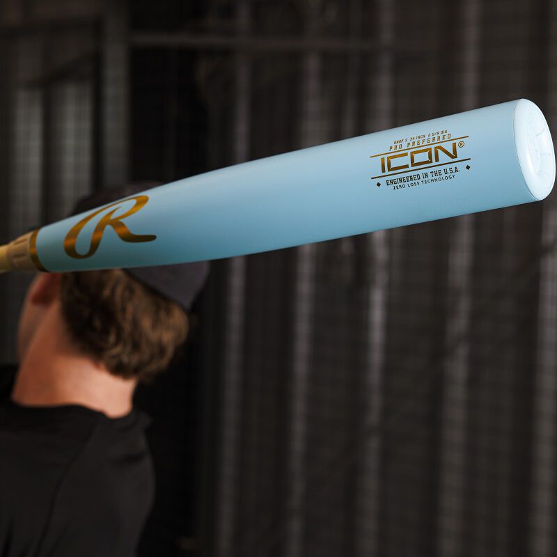 Close up view of the Columbia blue barrel of a Rawlings Icon Pro Preferred BBCOR baseball bat