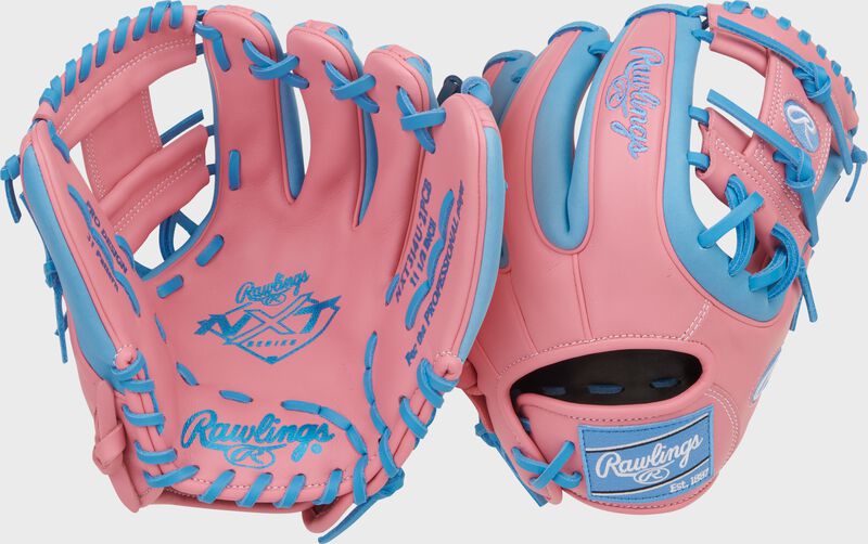 Two images showing the palm & back of a pink/Columbia blue Rawlings NXT Series 11.5-Inch Infield Glove loading=