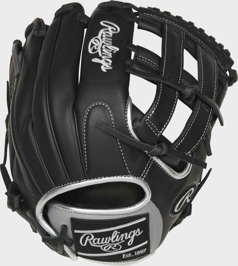 Back of a black Encore 12.25-Inch H-web outfield glove with a black Rawlings patch - SKU: EC1225-6B