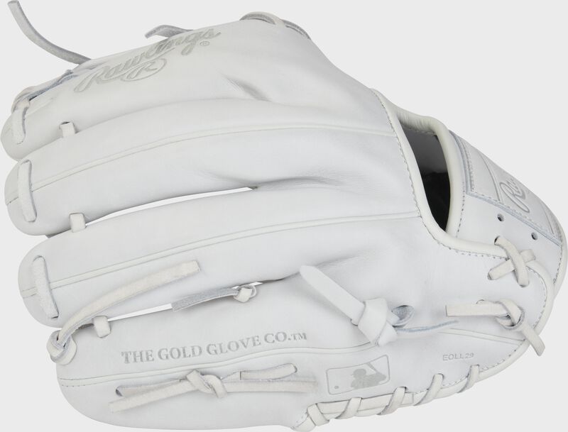 Back of a white Heart of the Hide elements series glove with the MLB logo on the pinky - SKU: PRO204-2W