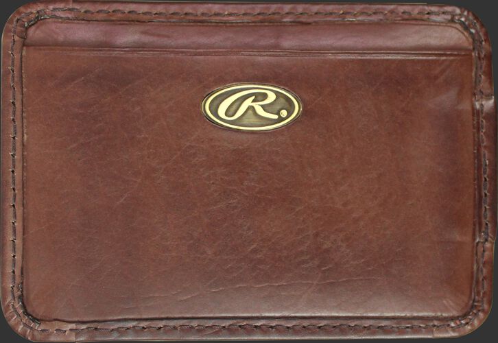 A brown Bases Loaded magnetic money clip with a gold Oval R logo emblem - SKU: RW80002-200